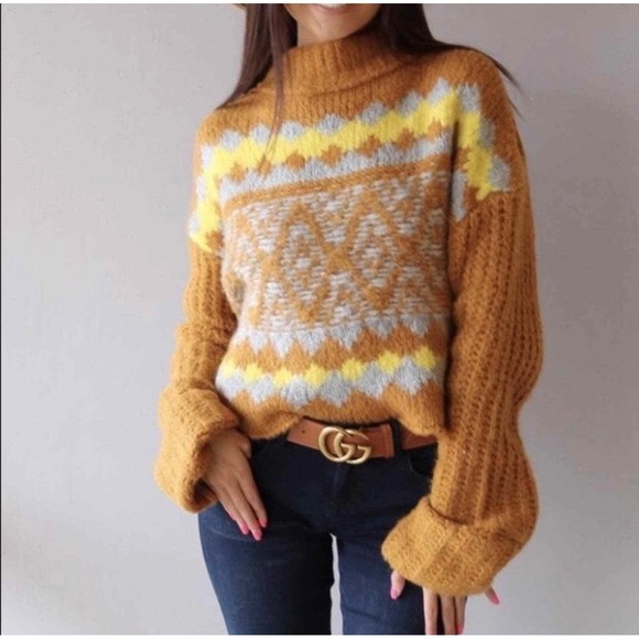 Free People Sweaters - Free People Alpine Mustard Yellow Fair Isle Wool Alpaca Blend Cropped Pullover M